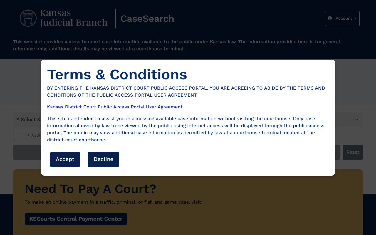Dickinson County court records Kansas Case Search entry page