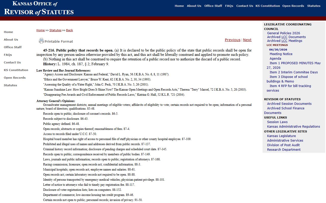 Dickinson County court records K.S.A. 45-216 public records policy