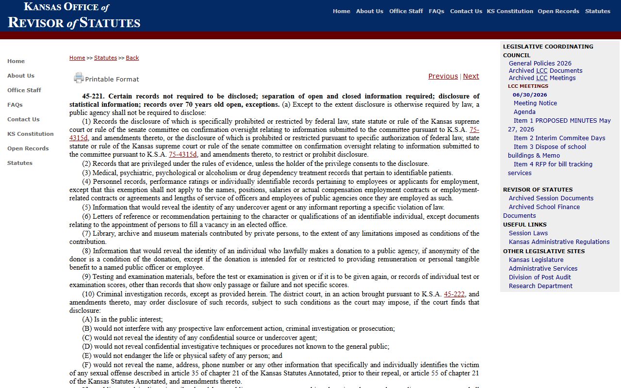 Dickinson County court records K.S.A. 45-221 disclosure exceptions