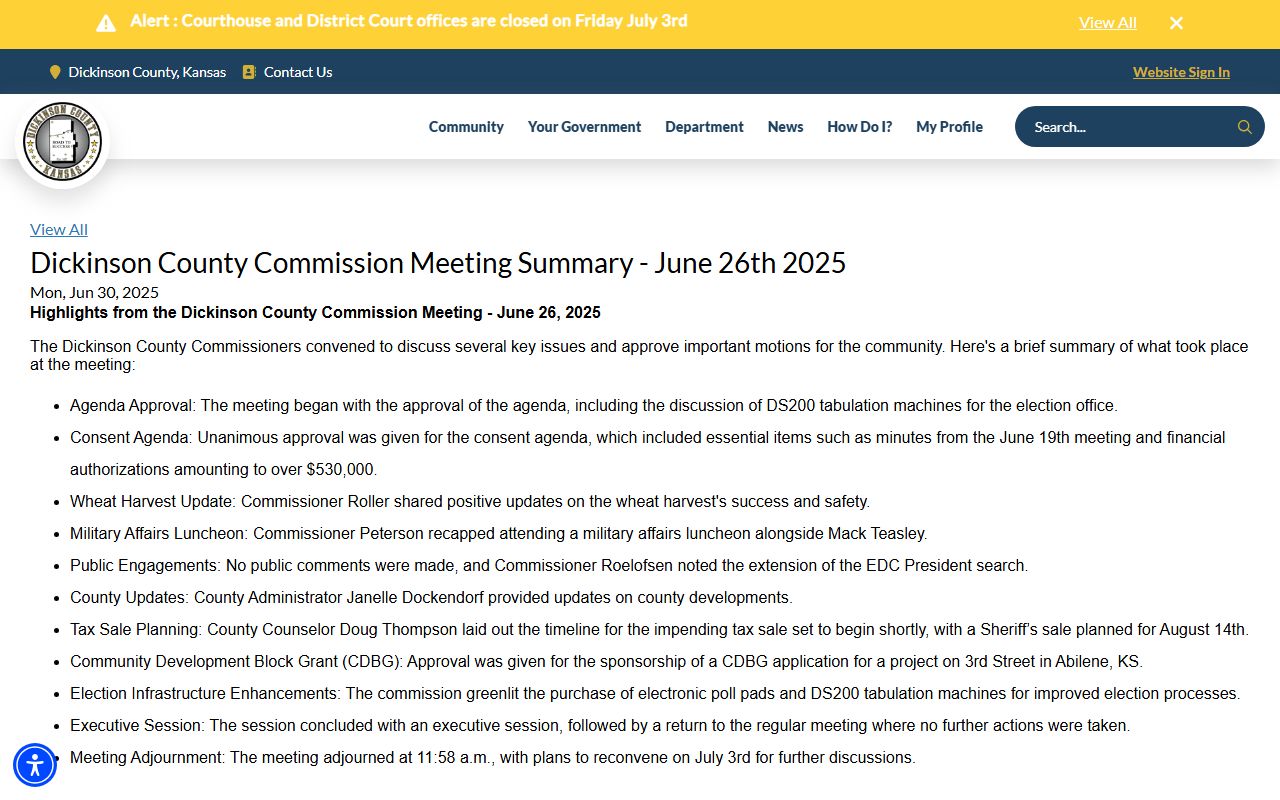 Dickinson County court records county commission meeting summary