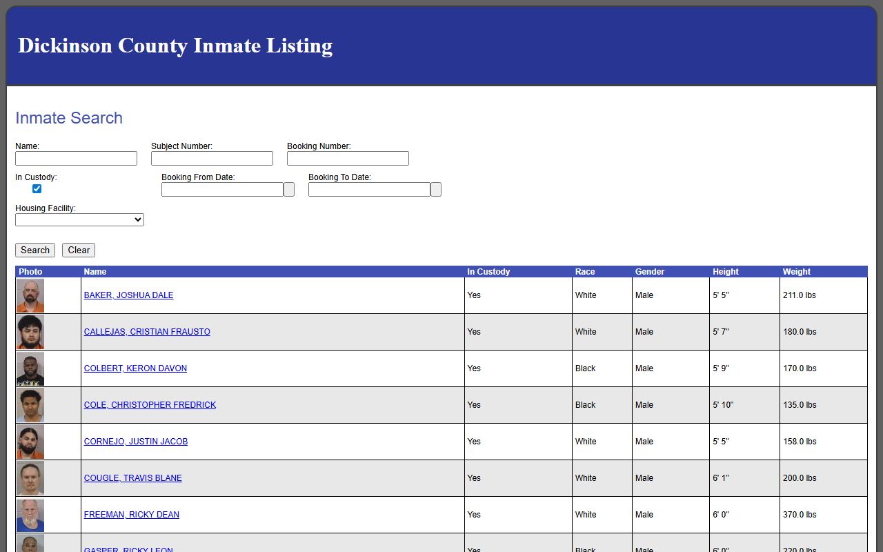 Dickinson County inmate records roster search page