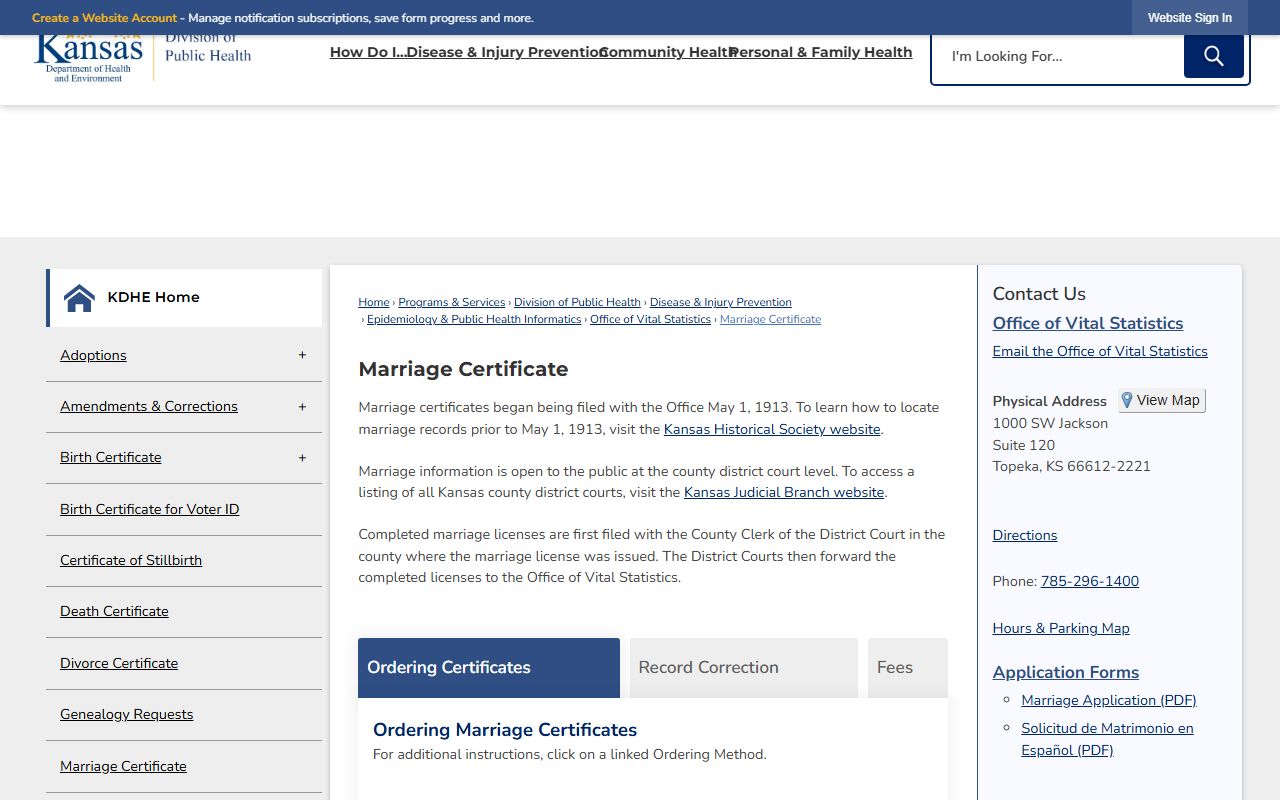 Dickinson County marriage records KDHE certified marriage certificate page