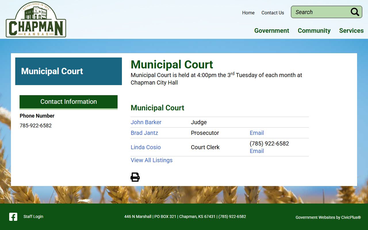 Dickinson County traffic court records Chapman Municipal Court page