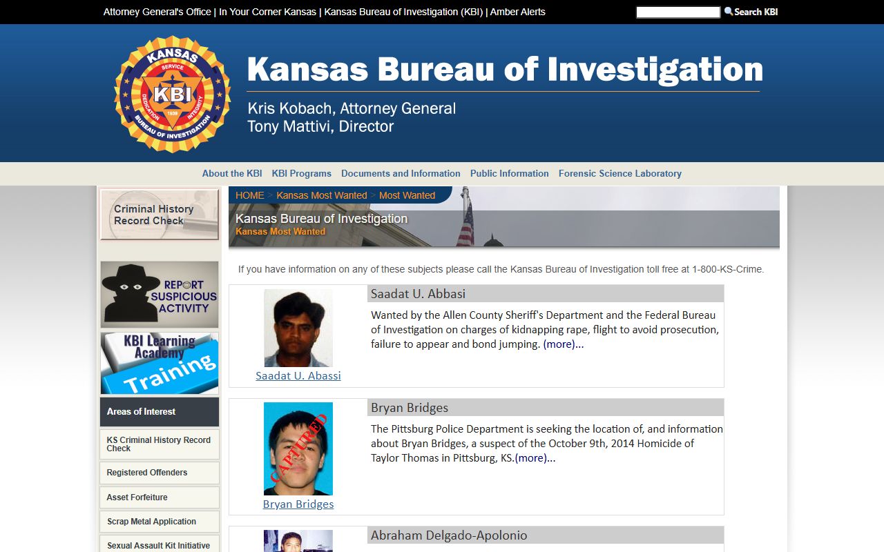 Dickinson County warrant records KBI Kansas Most Wanted page